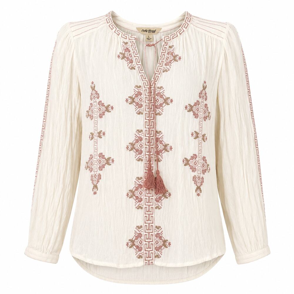 Lucky Brand Boho Embroidered Peasant Blouse Size L